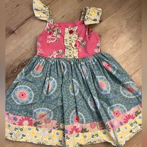 Eleanor Rose girl’s flutter sleeve boho floral mixed pattern knot dress size 6/7